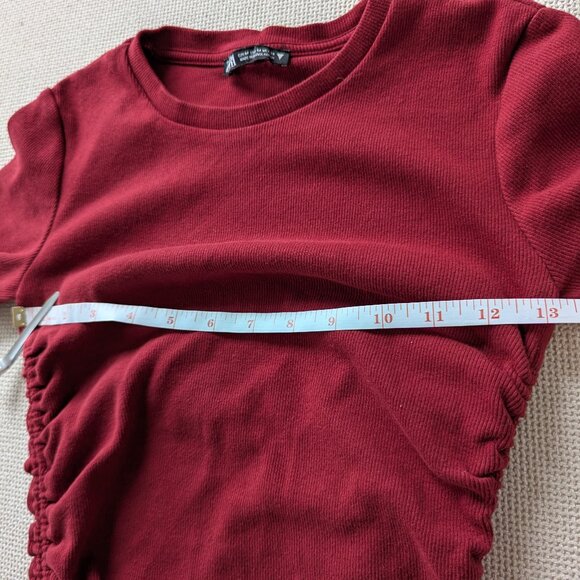 ZARA Oxblood/Burgundy Red Ruched Mini Bodycon Dress, Size M - Picture 9 of 9